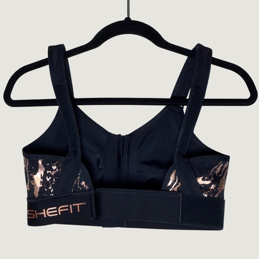 SHEFIT Flex Sports Bra M Black Rose Gold Metallic Marble Print Front Zip - Picture 4 of 10